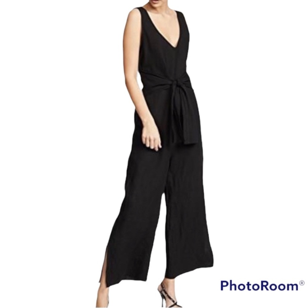 NEW Three Dots Linen Tie Front Jumpsuit Black Sz S
